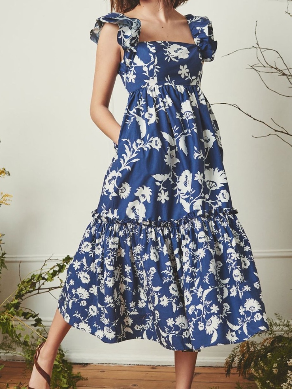 Cara Cara Darby Ruffled Cotton Poplin Midi Dress in Navy